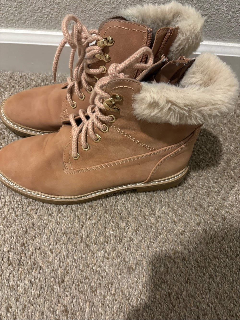 Steve Madden Tan Lace-Up Faux Fur Collar Boots